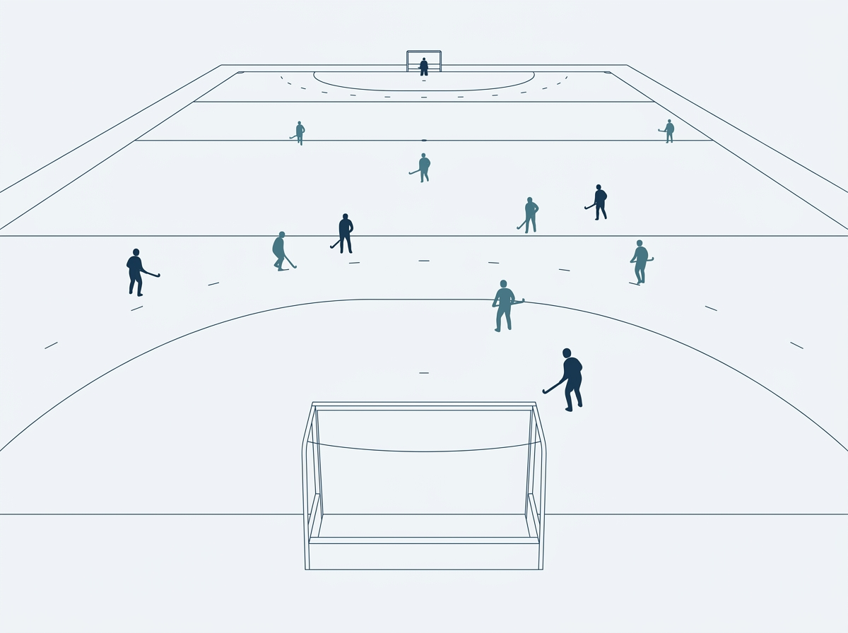 Dessin d'un terrain de hockey vu d'une caméra haute derrière le but, avec des joueurs répartis sur le terrain
